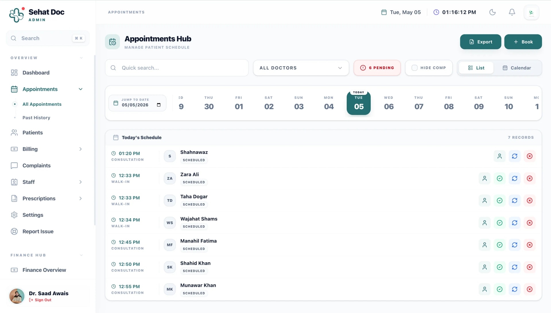 The SehatDoc appointment hub, showing the day's booked patients, walk-ins and the live clinic queue