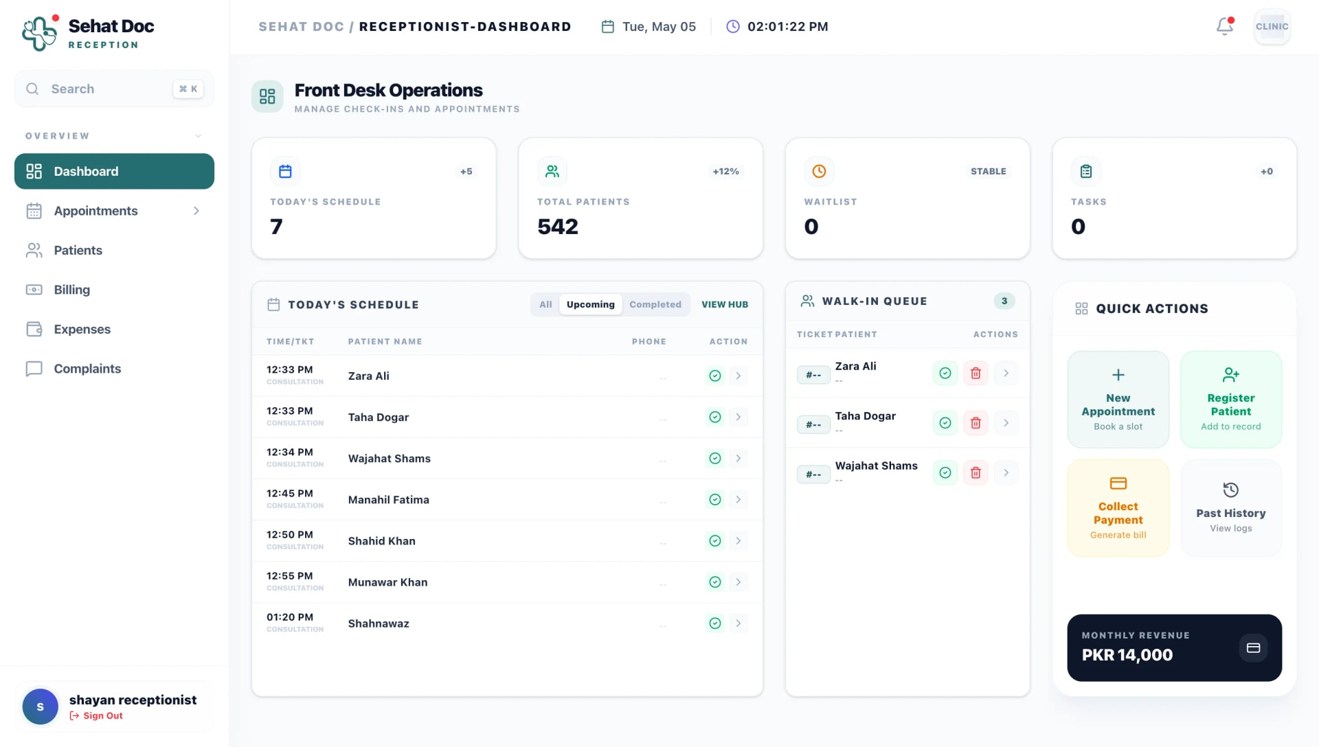 The SehatDoc receptionist portal: today's bookings, arrivals and payments, with no clinical notes visible
