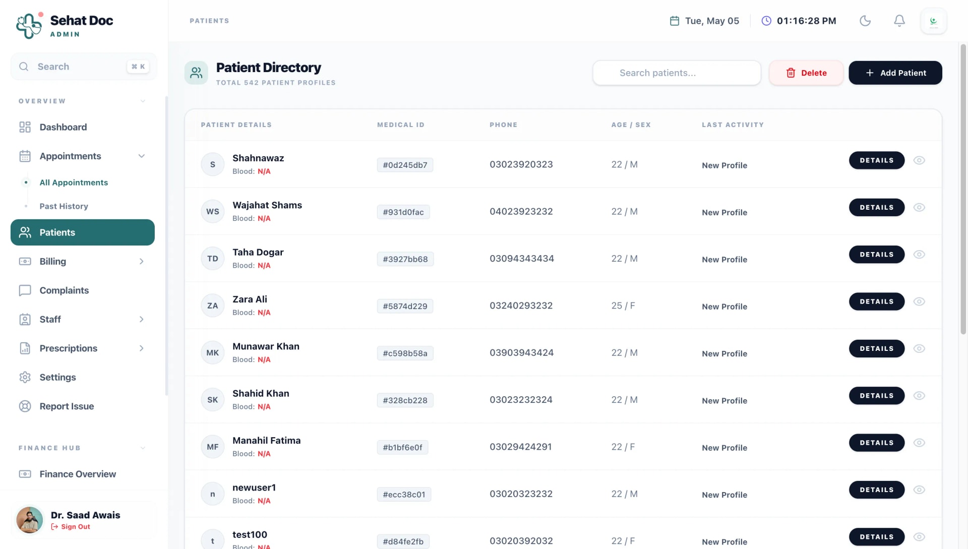 The SehatDoc patient directory with search, demographics and the per-patient visit timeline