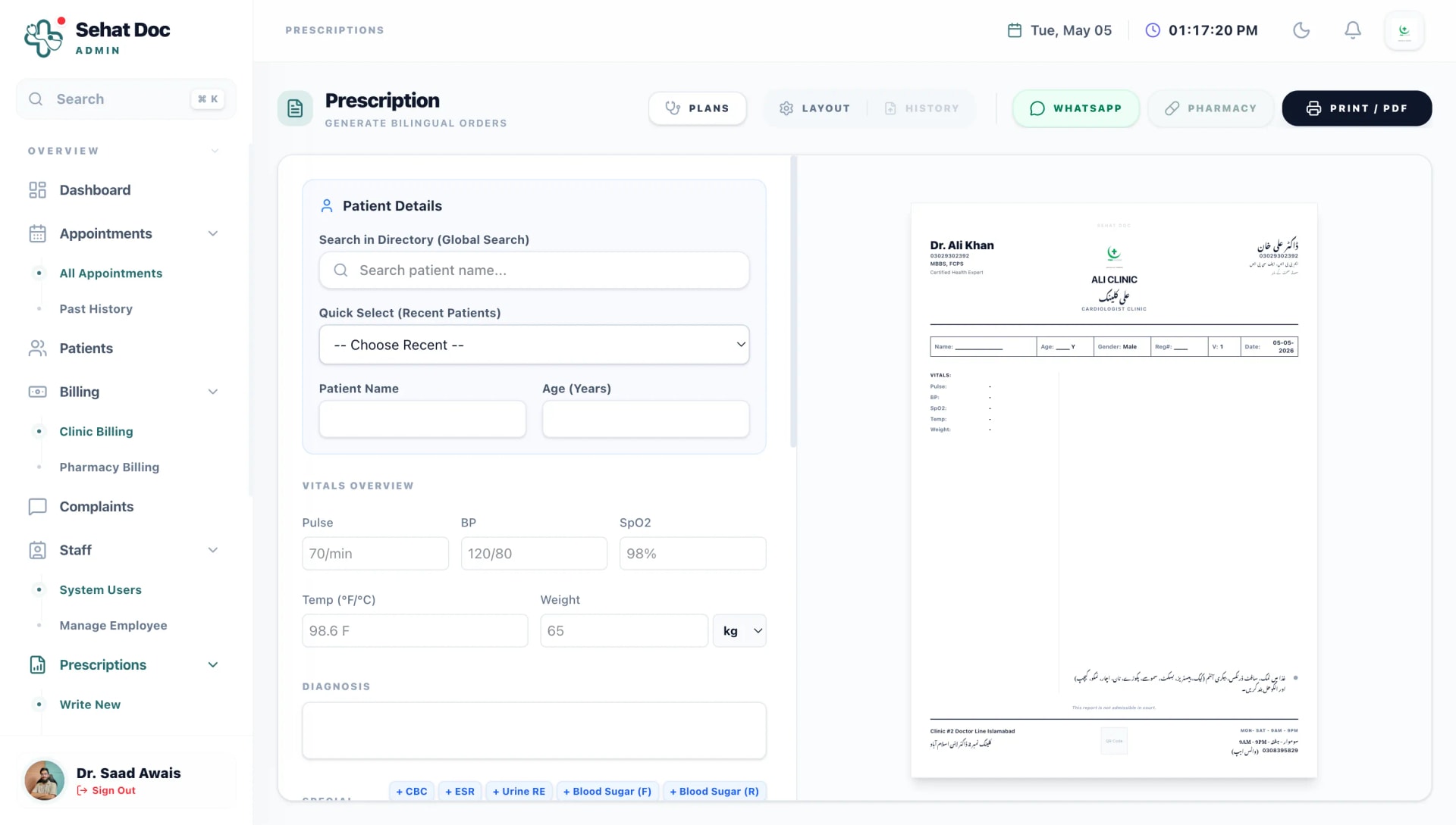 A digital prescription in SehatDoc, ready to print on the clinic's letterhead