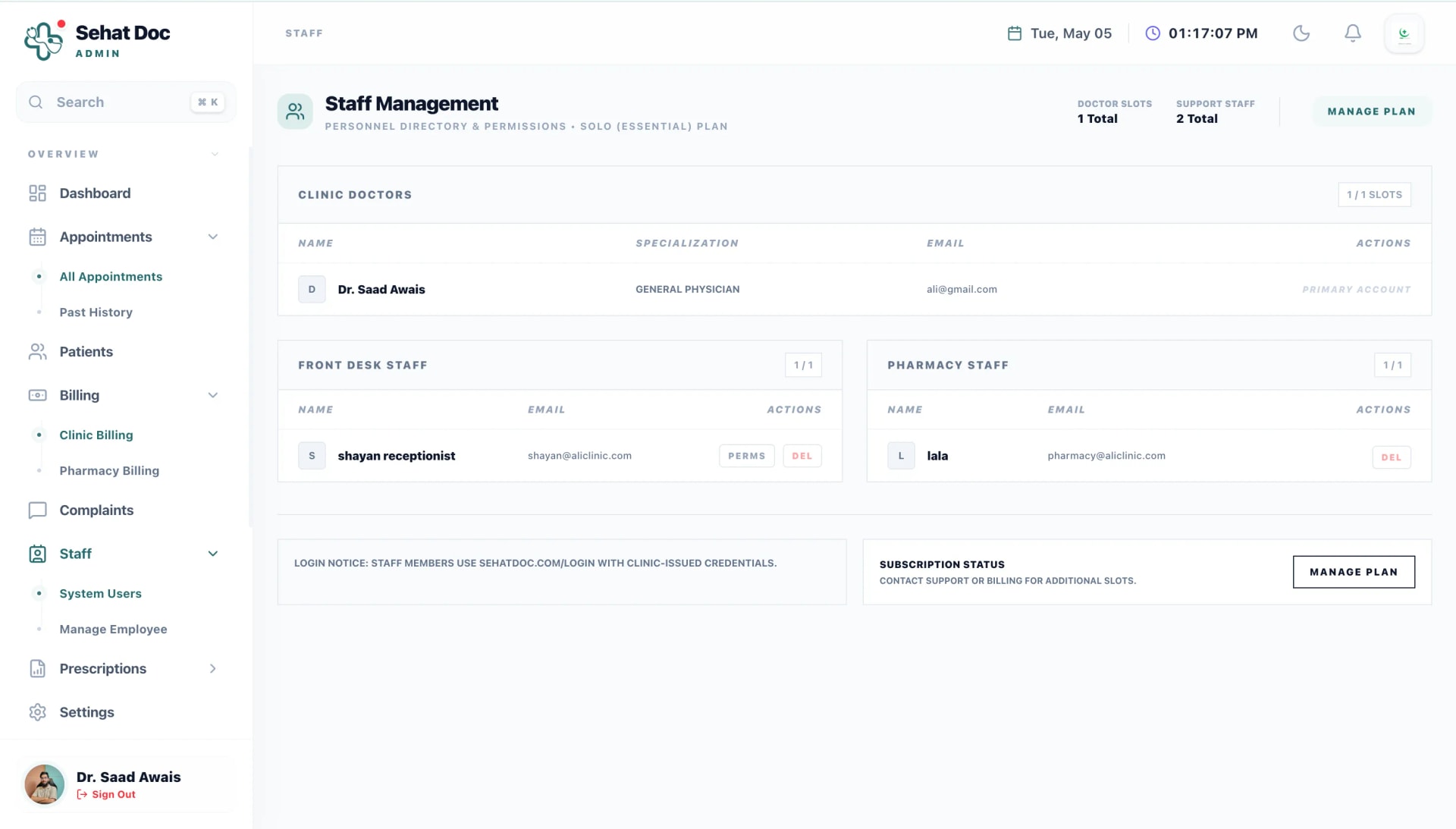 The SehatDoc staff management screen with per-role permissions for doctors, reception and pharmacy